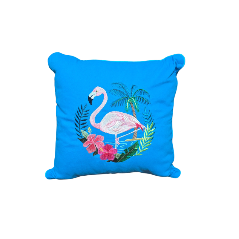 Coussin en coton bleu avec broderie "Flamant rose tropical" - 40x40cm