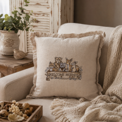 Coussin en lin avec broderie "Welcome Friends" - 40x40cm