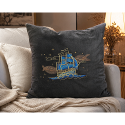 Coussin en velours avec broderie "Bateau magique" - 50x50cm