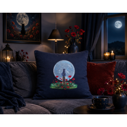 Coussin en coton bleu marine avec broderie "chat au clair de lune" - 40x40cm