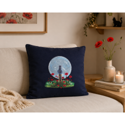Coussin en coton bleu marine avec broderie "chat au clair de lune" - 40x40cm