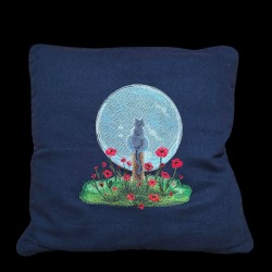 Coussin en coton bleu marine avec broderie "chat au clair de lune" - 40x40cm