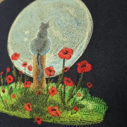 Coussin en coton bleu marine avec broderie "chat au clair de lune" - 40x40cm
